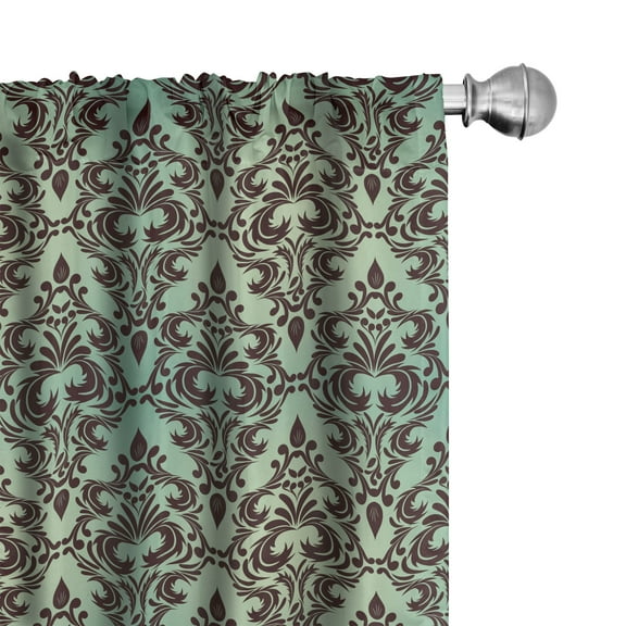Ambesonne Mint and Brown Curtains, Curly Damask Forms, Pair of 28"x63", Dark Brown Mint Green