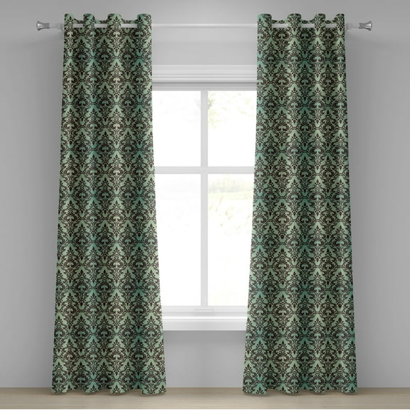 Ambesonne Mint and Brown Grommet Curtain, Curly Damask Forms, 50" x 108", Dark Brown Mint Green