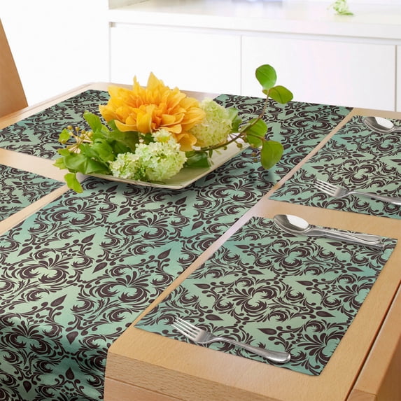 Ambesonne Mint and Brown Table Runner & Placemats, Curly Damask Forms, Placemat 4 pcs + Runner 14"x72", Dark Brown Mint Green