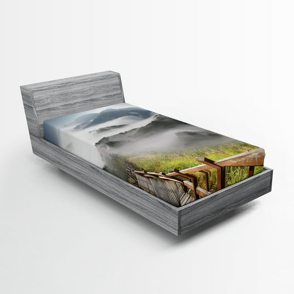 Ambesonne Misty Fitted Sheet, Landscape Mountains and Pier, Twin Size, Multicolor