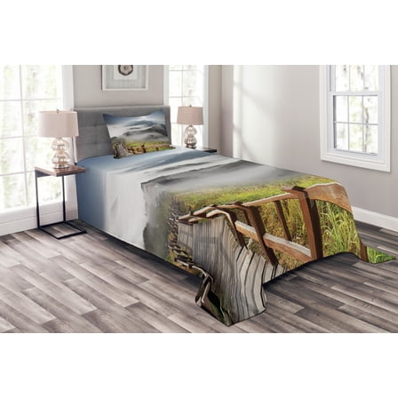 Ambesonne Misty Quilted Bedspread Set 2 Pcs, Landscape Mountains and Pier, Twin Size, Multicolor