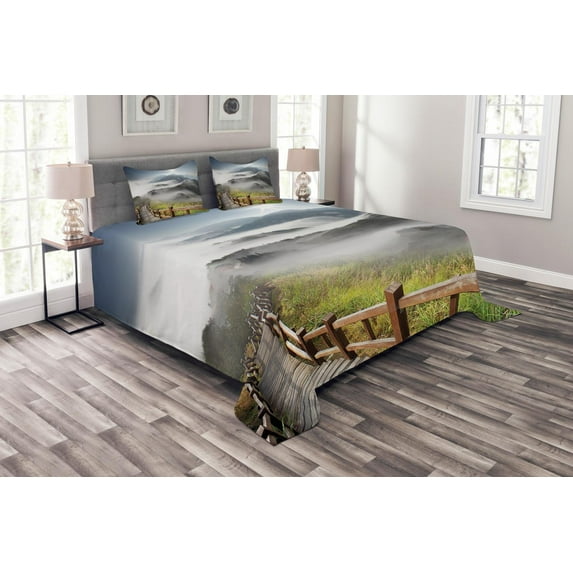 Ambesonne Misty Quilted Bedspread Set 3 Pcs, Landscape Mountains and Pier, Queen Size, Multicolor