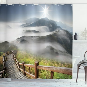 Ambesonne Misty Shower Curtain, Landscape Mountains and Pier, 69"Wx70"L, Multicolor