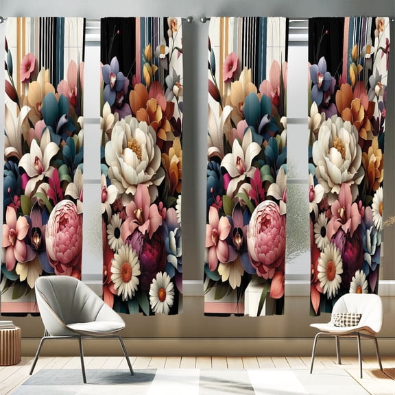 Ambesonne Modern 4-Panel Curtains, Jumble Colors Spring Floral, 56"x95", Rose Eggshell Multicolor