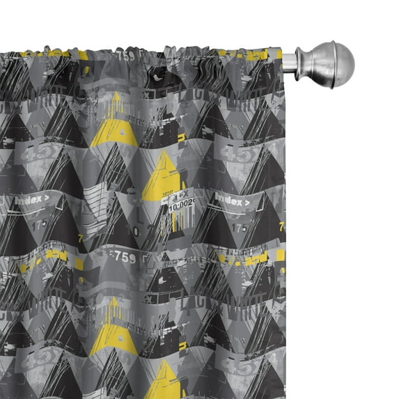 Ambesonne Modern Art Window Curtains, Grungy Triangles Numbers, Each 28" W x 84" L, Black Yellow and Grey