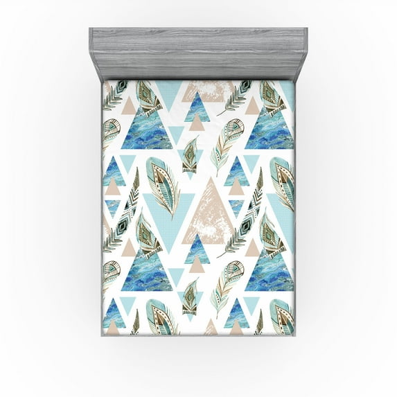 Ambesonne Modern Art Fitted Sheet, Oriental Feathers Art, Full Size, Seafoam Warm Taupe White