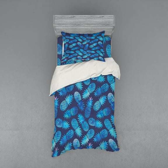 Ambesonne Modern Bedding Set 3 Pcs, Exotic Pineapple, Twin XL, Night Blue Turquoise
