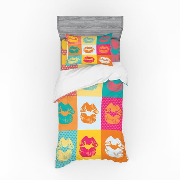 Ambesonne Modern Bedding Set 3 Pcs, Fashion Kiss Love Design, Twin, Multicolor