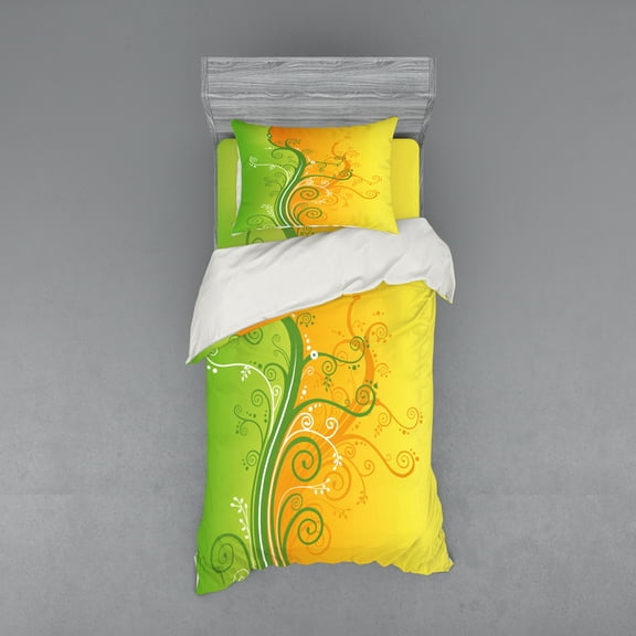 Ambesonne Modern Bedding Set 3 Pcs, Flower Swirls Branches, Twin, Pale Green Marigold