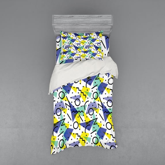 Ambesonne Modern Bedding Set 3 Pcs, Geometric Retro Theme, Twin XL, Blue Yellow and Black