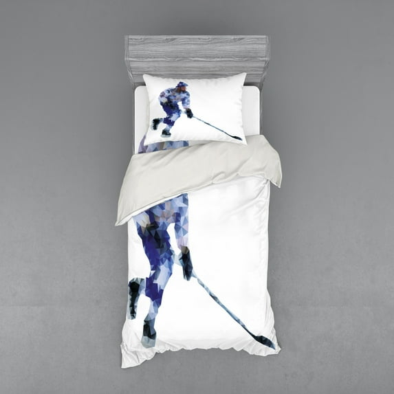 Ambesonne Modern Bedding Set 3 Pcs, Hockey Player Triangles, Twin, Blue Purplegrey Black