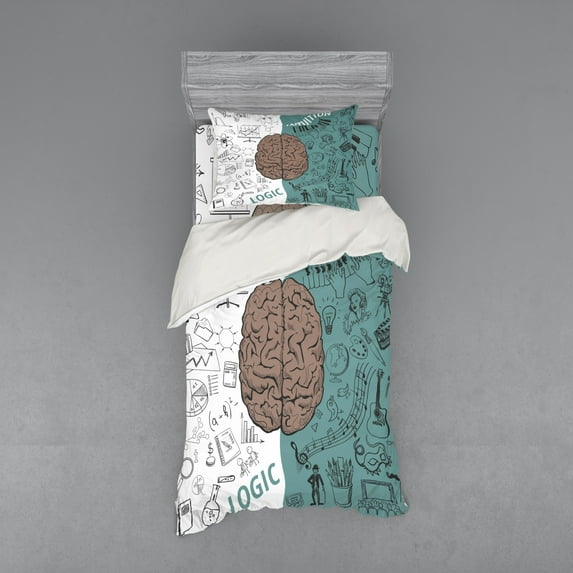 Ambesonne Modern Bedding Set 3 Pcs, Music Logic Brain Art, Twin, White Teal Umber