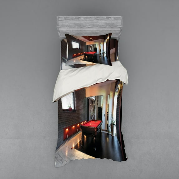 Ambesonne Modern Bedding Set 3 Pcs, Pool Game Snooker Table, Twin XL, Red Brown White