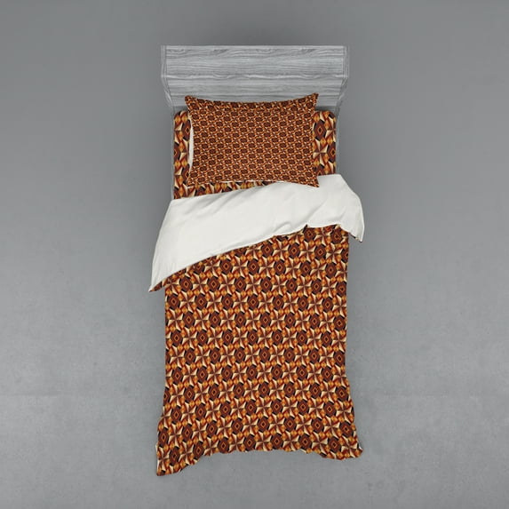 Ambesonne Modern Bedding Set 3 Pcs, Retro Vintage Geometric, Twin XL, Dark Orange Burgundy