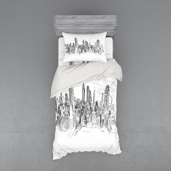Ambesonne Modern Bedding Set 3 Pcs, Sketchy NYC Cityscape, Twin, Grey White