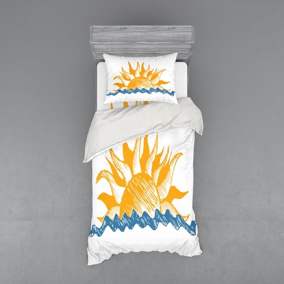 Ambesonne Modern Bedding Set 3 Pcs, Sun Theme Warm Colors Beams, Twin, Yellow Blue