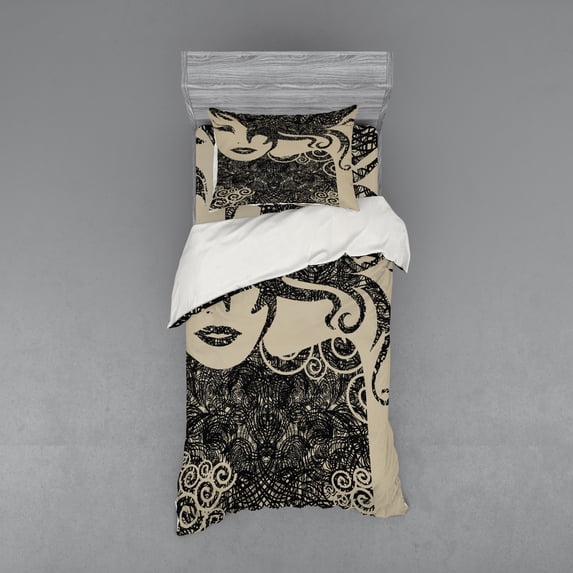 Ambesonne Modern Bedding Set 3 Pcs, Woman with Cool Posing, Twin XL, Dark Taupe and Tan