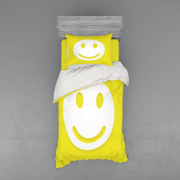 Ambesonne Modern Bedding Set 3 Pcs, Yellow Positive Smiling Face, Twin, Yellow and White
