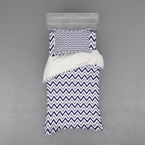 Ambesonne Modern Bedding Set 3 Pcs, Zig Zag Striped Pattern, Twin XL, Navy Blue White