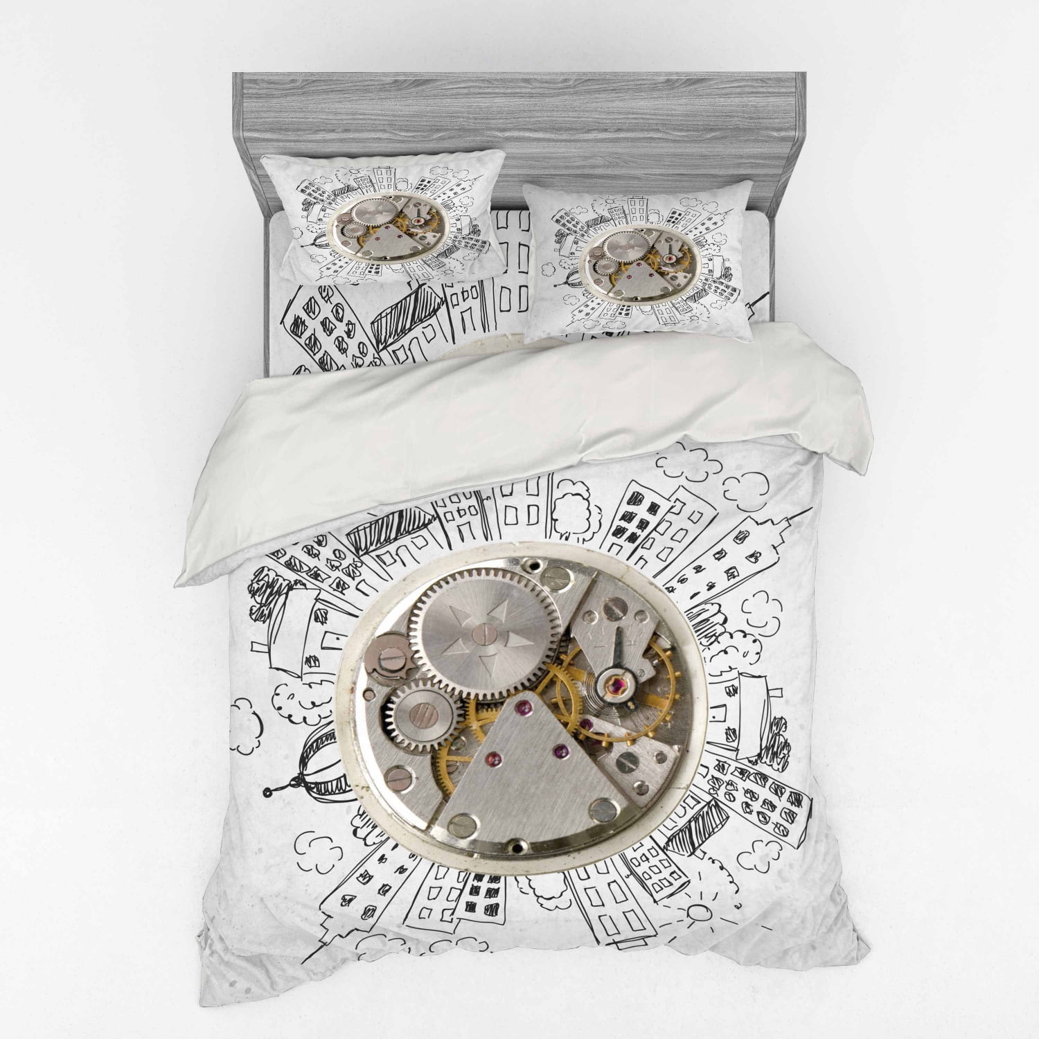 Ambesonne Modern Bedding Set 4 Pcs, Alarm Clock with Clouds, Queen ...