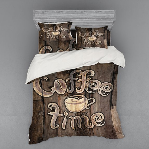 Ambesonne Modern Bedding Set 4 Pcs, Coffee Time Grunge Back, Queen, Umber Cream Cocoa