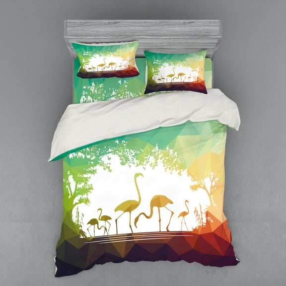 Ambesonne Modern Bedding Set 4 Pcs, Flamingo Wild Animals, Queen, Multicolor