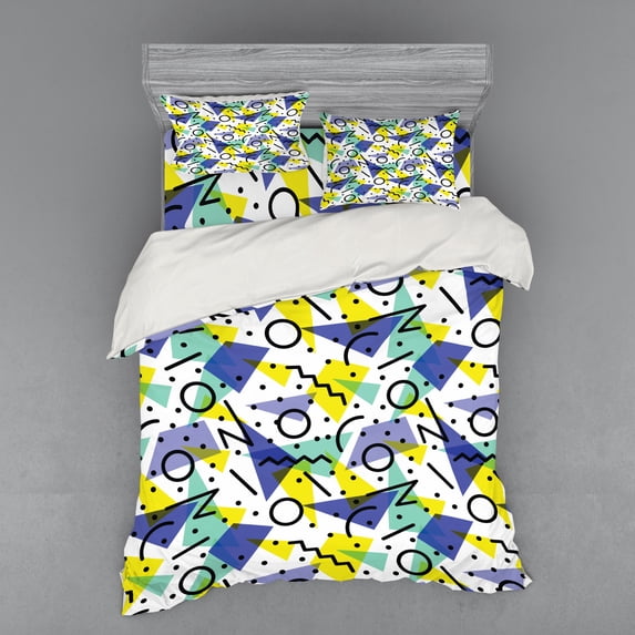 Ambesonne Modern Bedding Set 4 Pcs, Geometric Retro Theme, Queen, Blue Yellow and Black