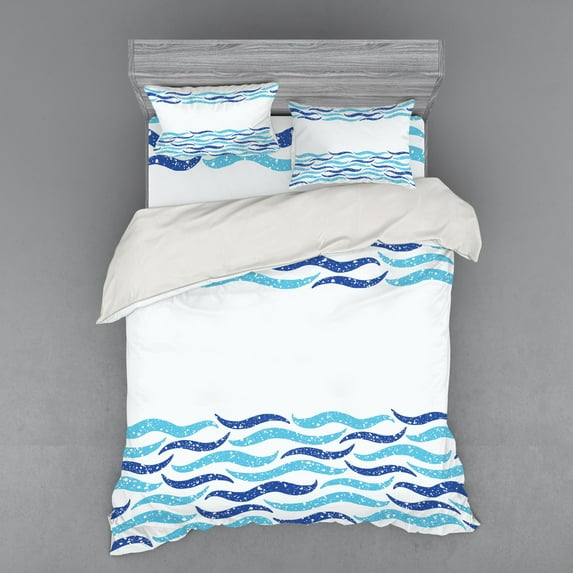 Ambesonne Modern Bedding Set 4 Pcs, Ocean Life Sea Waves, Queen, Turquoise Navy Blue