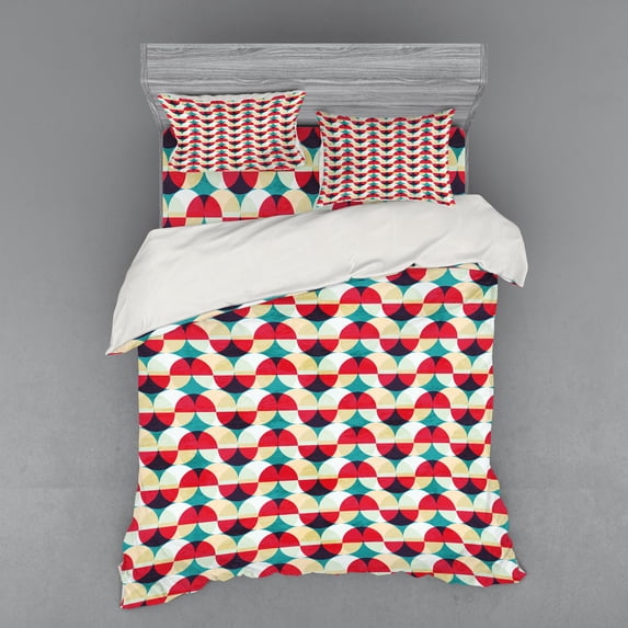 Ambesonne Modern Bedding Set 4 Pcs, Retro Geometric Circle, Queen, Forest Green Salmon