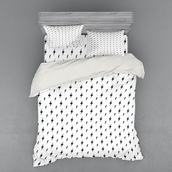 Ambesonne Modern Bedding Set 4 Pcs, Thunderbolt Zig Zag, Queen, Black White