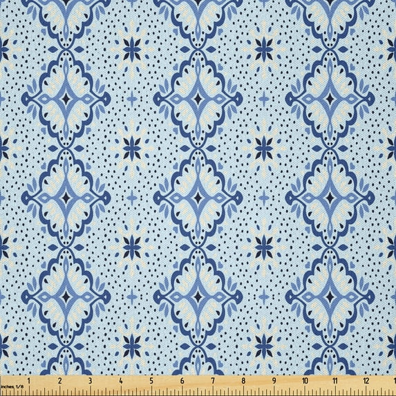 Ambesonne Modern Boho Fabric by the Yard Microfiber, Damask Pattern Design, 5 Yards, Blue White and Dark Violet