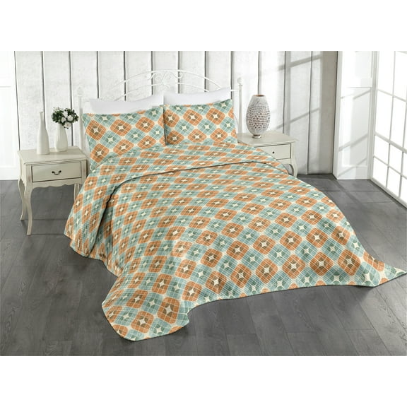 Ambesonne Modern Boho Quilted Coverlet 3 Pcs, Mid Century Flowers Art, King Size, Burnt Sienna Cadet Blue