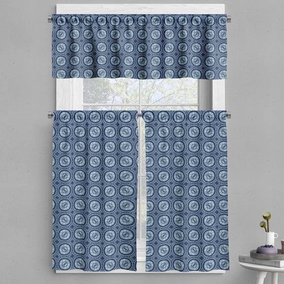 Ambesonne Modern Boho Valance & Curtain, Blue Ordered Circles, 55"x36", Dark Blue Grey and Blue