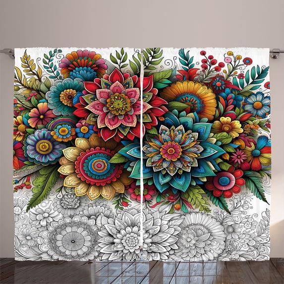 Ambesonne Modern Curtains 2 Panel Set, Jumble Tones Floral Oriental, 108" x 63", Pale Grey Multicolor