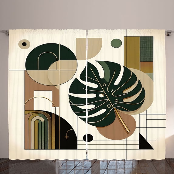 Ambesonne Modern Curtains 2 Panel Set, Monstera Leaf Mid Century, 108" x 90", Beige Dark Green Caramel