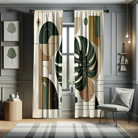 Ambesonne Modern Curtains, Monstera Leaf Mid Century, Pair of 28"x95", Beige Dark Green Caramel