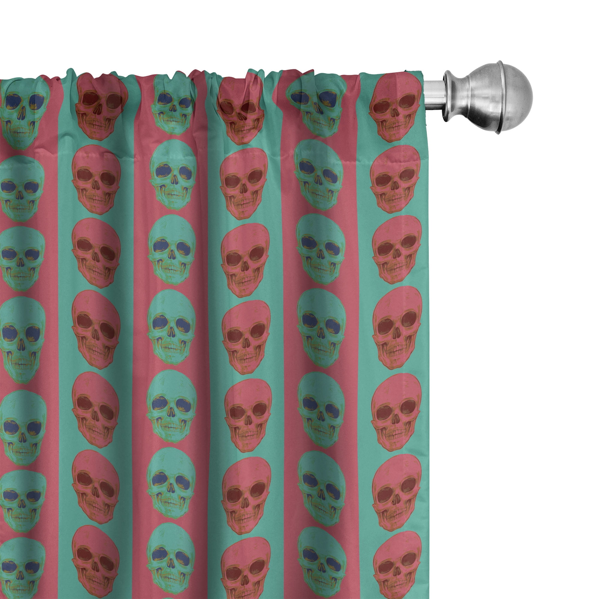Jade Green and Magenta Skull Pattern Rod Pocket Curtains, 28" x 84"