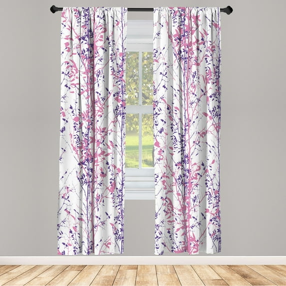 Ambesonne Modern Curtains, Trees of Forest Illustration, Pair of 28"x95", Quartz Blush