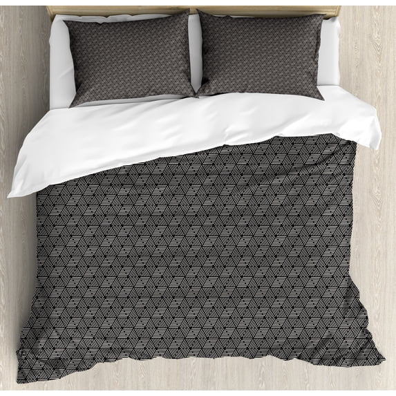 Ambesonne Modern Duvet Cover Set, Abstract Lines Grid Ornate, 2-Calking, Charcoal Grey and Pale Tan