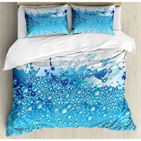 Ambesonne Modern Duvet Cover Set, Bubbles Splashes Drops, Calking, Dark Blue Sky Blue
