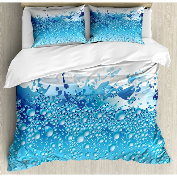 Ambesonne Modern Duvet Cover Set, Bubbles Splashes Drops, Queen, Dark Blue Sky Blue