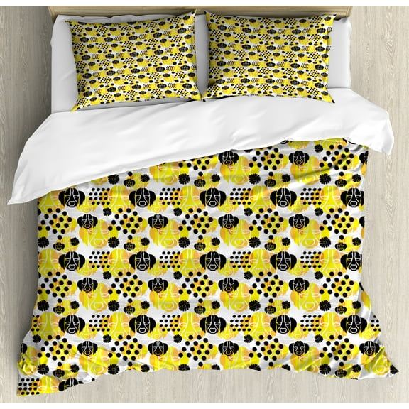 Ambesonne Modern Duvet Cover Set, Dog Lover Dotted Art, Calking, Yellow Pale Grey and Peach