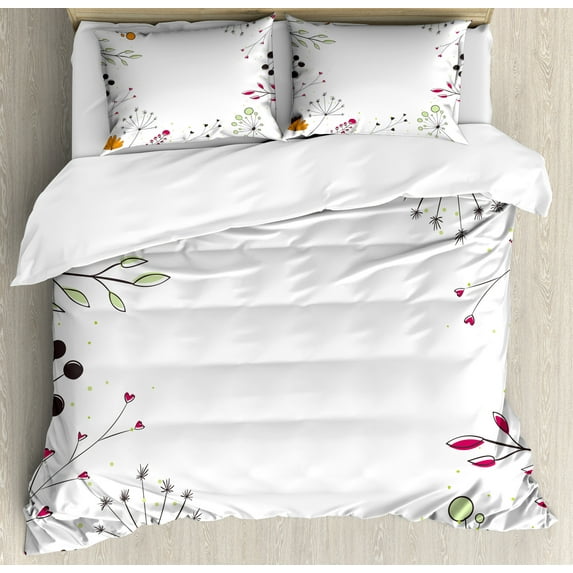 Ambesonne Modern Duvet Cover Set, Geometric Flowers Floral, Queen, Pistachio Green Magenta