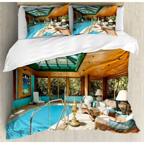 Ambesonne Modern Duvet Cover Set, Large Indoor Pool, 2-Calking, Green Pale Brown Blue