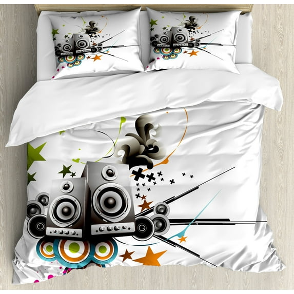 Ambesonne Modern Duvet Cover Set, Music Set Headphones, King, Black Green and Orange