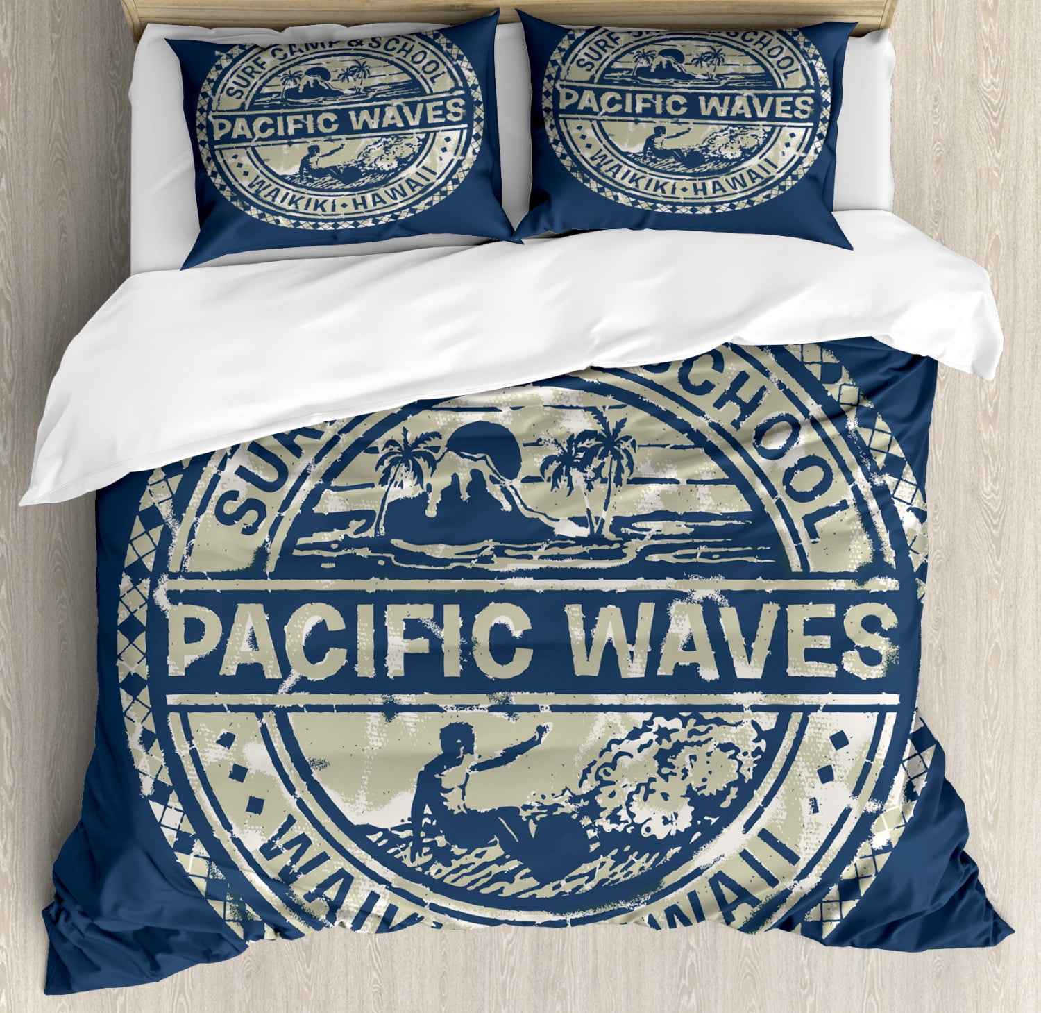 Pacific Waves Khaki and Slate Blue Microfiber Queen Duvet Set