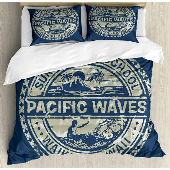 Ambesonne Modern Duvet Cover Set Queen Size, Pacific Waves Surf Camp and School Hawaii Logo Motif with Artsy Effects Design, Decorative 288 Thread Count Woven 3 Piece Bedding Set with 2 Pillow Shams, Khaki Slate Blue