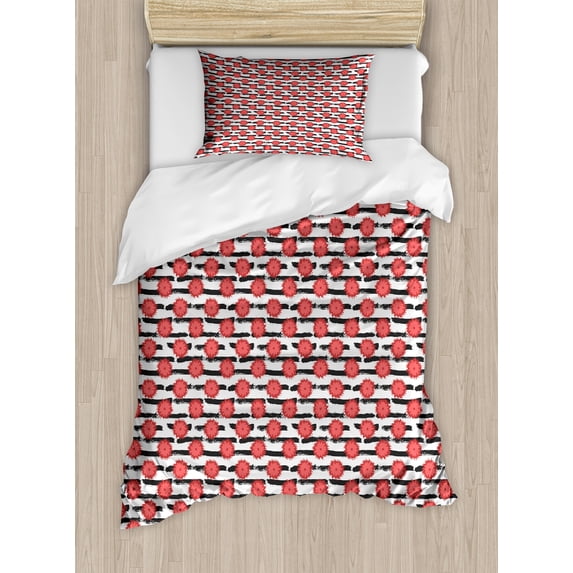 Ambesonne Modern Duvet Cover Set, Splash Flowers on Stripes, Twin, Coral Dark Grey and White