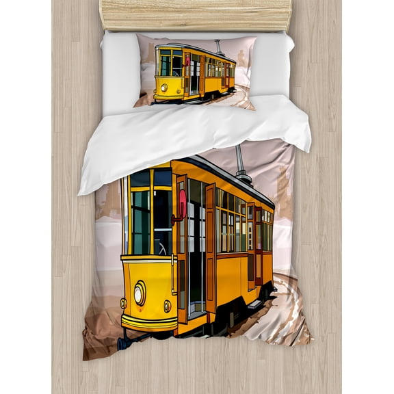 Ambesonne Modern Duvet Cover Set, Train on Rail Roads, Twin, Yellow and Pale Brown