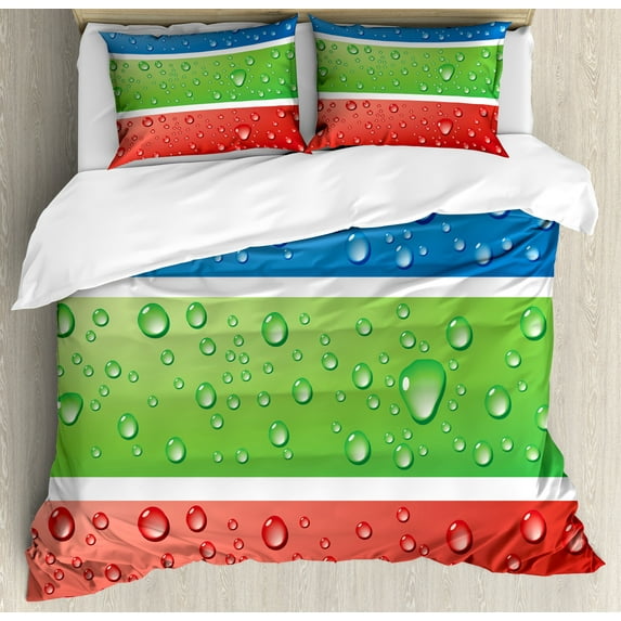 Ambesonne Modern Duvet Cover Set, Water Drops on a Plastic, King, Red Fern Green Blue